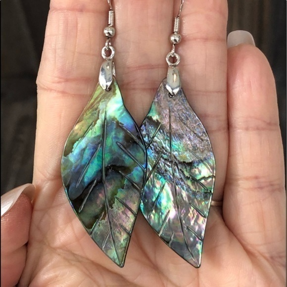 Mama Bling Jewelry - Real Abalone Leaf Shape Silver Drop Earrings NWT